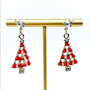 Christmas Tree Red Gold Enamel Rhinestone Earring